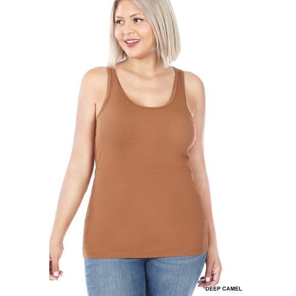 1X Deep Camel Ribbed Seamless Racerback Tank Top Zenana oversized comfort plus - Picture 1 of 6